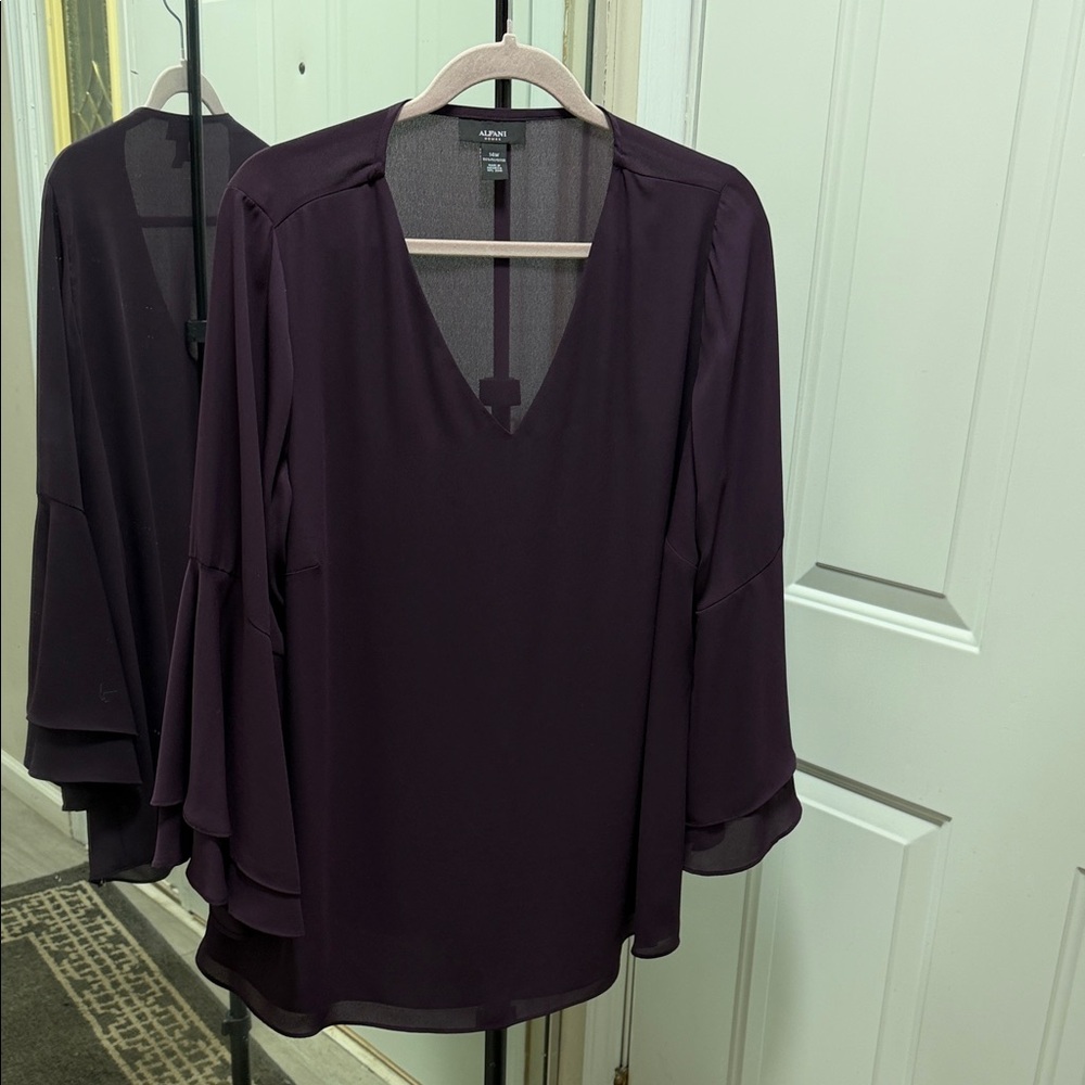 Alfani Plum V-Neck Tiered Bell Sleeve Blouse